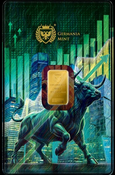 Der Barren zeigt auf der Vorderseite das offizielle Logo der Germania Mint (zweiköpfiger Adler) sowie die technischen Angaben 1g und FINE GOLD 999.9. Die Oberfläche weist ein edles, mattiertes Finish mit glänzenden Akzenten auf. Er ist mittig im thematisch gestalteten Safepack platziert.