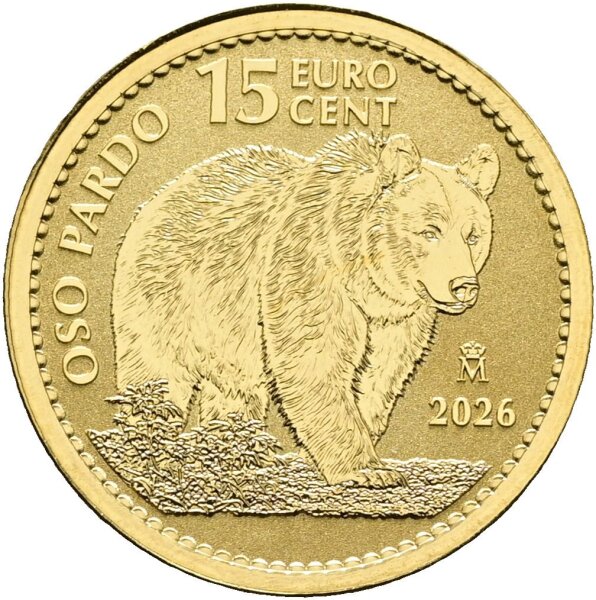 Detaillierte Darstellung eines ausgewachsenen Braunbären (Oso Pardo) in natürlicher Umgebung auf der Rückseite der Goldmünze, links der Schriftzug OSO PARDO und oben das Nominal 15 EURO CENT sowie das Prägejahr 2026.