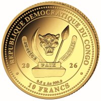 Zentrales Staatswappen der Demokratischen Republik Kongo mit der Jahreszahl 20 26. In der Rundschrift REPUBLIQUE DEMOCRATIQUE DU CONGO, unten das Nominal 10 FRANCS sowie die Angabe zum Metall 0.5 g Au 999.9.