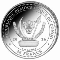 Das Staatswappen der Demokratischen Republik Kongo in mattem Silberglanz mit den Aufschriften REPUBLIQUE DEMOCRATIQUE DU CONGO, dem Jahr 2026 und dem Nominal 20 FRANCS sowie der Angabe 1 oz Ag 999,9.