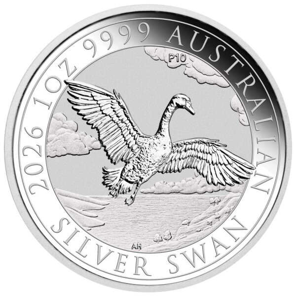 Ein anmutiger Schwan in seinem natürlichen Habitat auf der Wasseroberfläche, gestaltet mit feinsten Federdetails und einem speziellen Jubiläumshinweis oder Designelement zum 10-jährigen Bestehen der Serie. Inschrift: THE AUSTRALIAN SWAN 1oz 9999 SILVER.