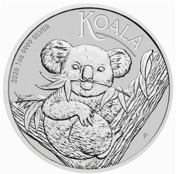 Die Motivseite zeigt eine detaillierte Darstellung eines Koalas in den Ästen eines Eukalyptusbaums. Das Design besticht durch fein ausgearbeitete Fellstrukturen. Inschrift: AUSTRALIAN KOALA 2026 1oz 9999 SILVER sowie das Prägezeichen P der Perth Mint.