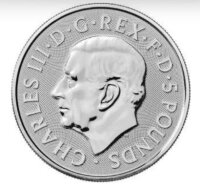 Die Wertseite präsentiert das offizielle Porträt Seiner Majestät König Charles III. Umrahmt wird das Bildnis von der Inschrift CHARLES III • D • G • REX • F • D • 5 POUNDS.