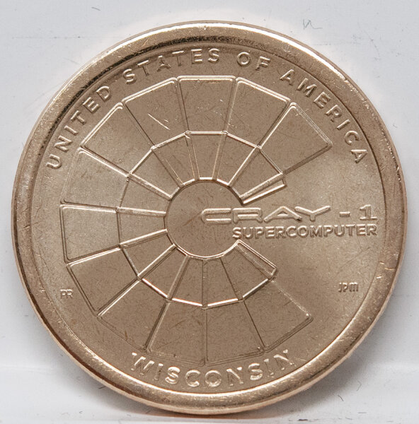 Das Motiv zeigt eine stilisierte Darstellung des legendären Cray-1 Supercomputers mit seinem charakteristischen C-Design. Die Inschriften lauten UNITED STATES OF AMERICA, WISCONSIN und CRAY-1 SUPERCOMPUTER.