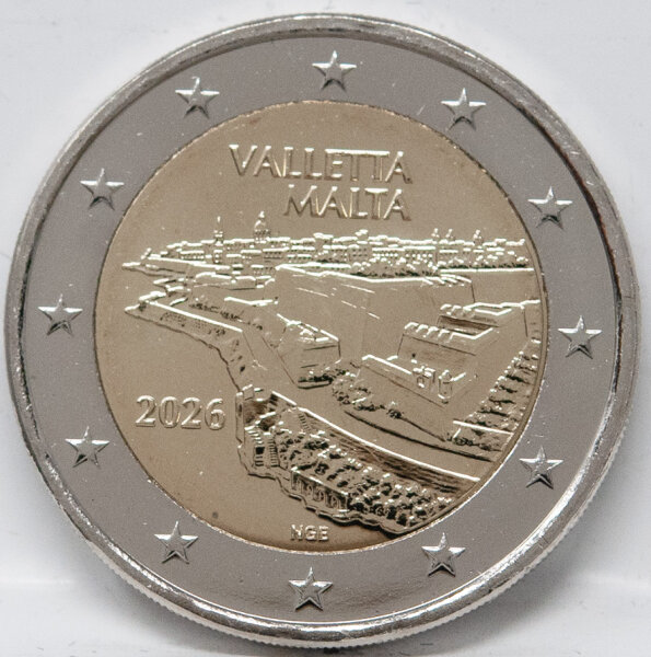Rückseite der 2 Euro Gedenkmünze Malta 2026 Valletta - Europakarte und Nominal.