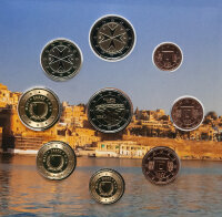 Rückseite des Folders mit Detailbeschreibungen zu den Münzmotiven (Mnajdra-Tempel, Wappen, Valletta) und dem offiziellen Siegel des Malta Coin Centre sowie technischen Daten.