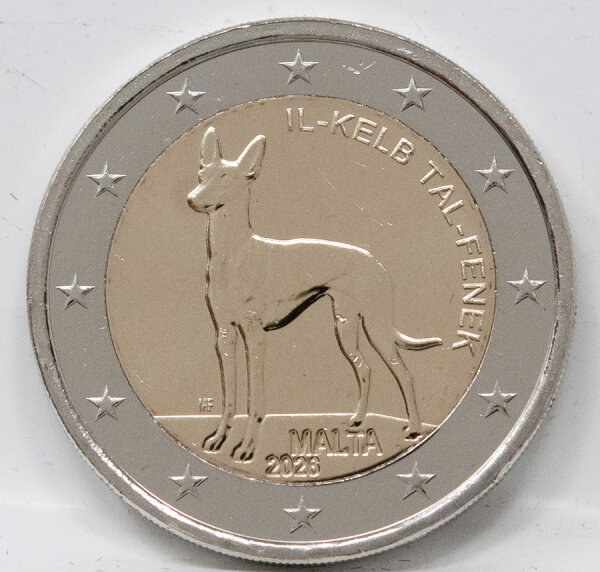 Rückseite der 2 Euro Gedenkmünze Malta 2026 Fennek - Europakarte und Nominal.