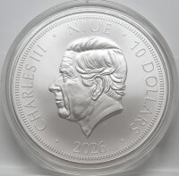 Vorderseite der Niue 10 Dollar 2026 Münze mit dem...