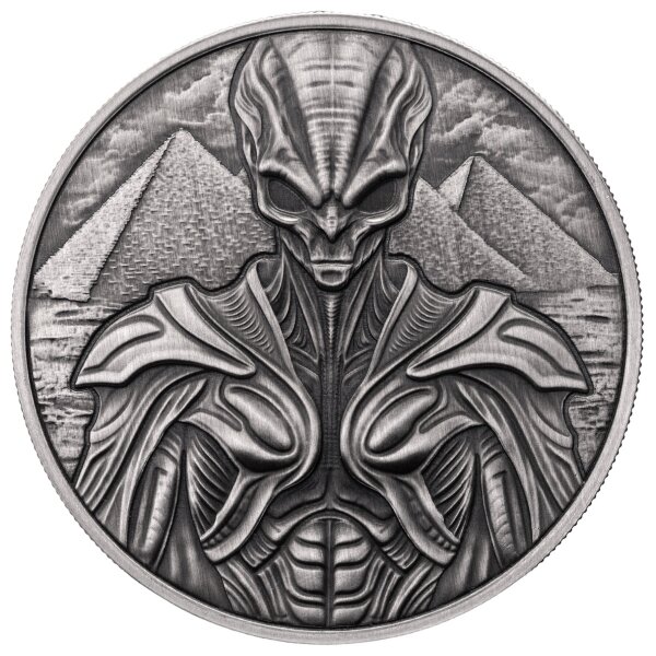 Motivseite: Detailreiches Alien-Architekten-Motiv mit antiker Patina, die die feinen Strukturen der Pyramiden betont