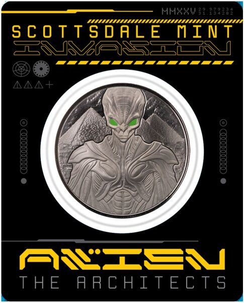 Motivseite: Mystisches Design durch tiefschwarze Rhodium-Veredelung, Alien-Figur mit glänzenden Kontrasten