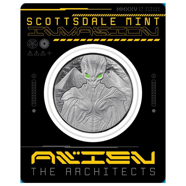 Motivseite: Handaufgetragene Farben beleuchten das Alien-Wesen und die technologische Pyramidenlandschaft