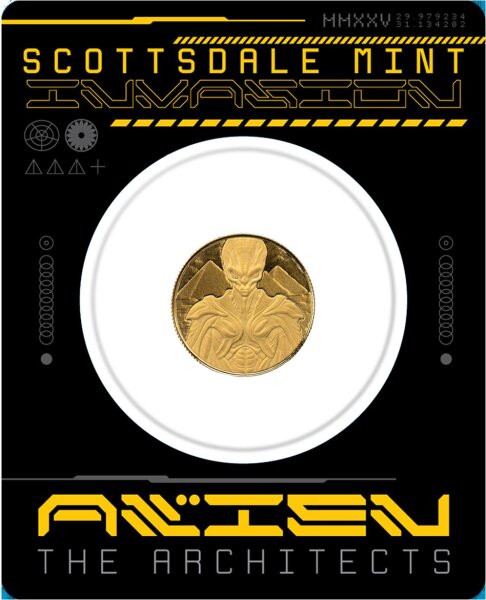 Motivseite: Filigran geprägtes Alien-Motiv auf reinstem Gold, Alien-Architekt vor Pyramiden