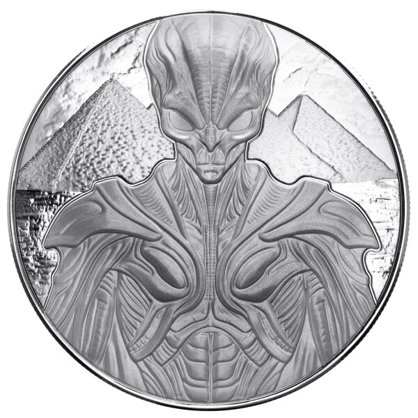 Motivseite: Großformatige, monumentale Darstellung des Alien-Baumeisters auf 5 Unzen Silber