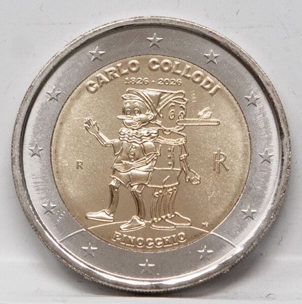 Motivseite der 2 Euro Münze Pinocchio 2026.