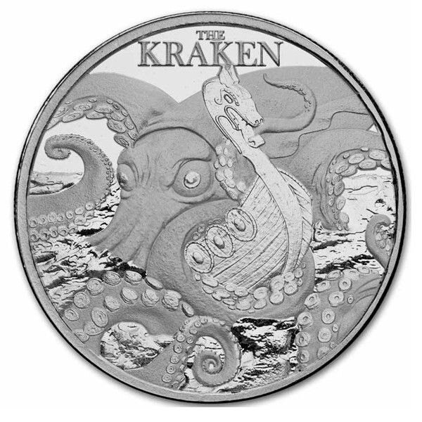 Die Rückseite zeigt einen gigantischen Kraken, der mit seinen Tentakeln ein historisches Segelschiff in die Tiefe reißt, umgeben von der Inschrift KRAKEN und MYTHICAL CREATURES.