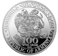 Die Vorderseite präsentiert das Staatswappen Armeniens, den Nennwert, das Feingewicht, die Reinheit sowie das Prägejahr 2026.