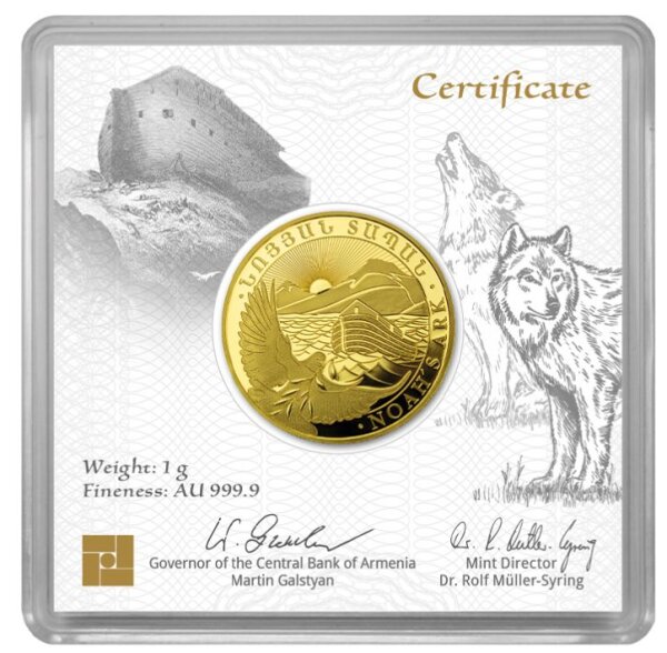 Die Rückseite zeigt die Arche Noah auf den Wellen der Sintflut vor dem Berg Ararat, mit einer Taube im Vordergrund, die einen Olivenzweig trägt.