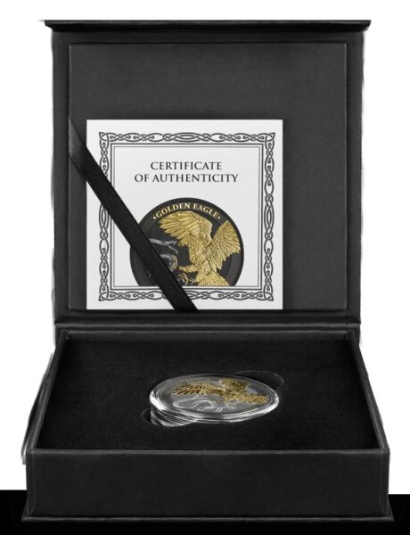 Die Rückseite zeigt das Ruthenium-beschichtete Kampfmotiv, bei dem der Adler in strahlendem Gold hervorgehoben wird, kontrastiert durch den dunklen Hintergrund.