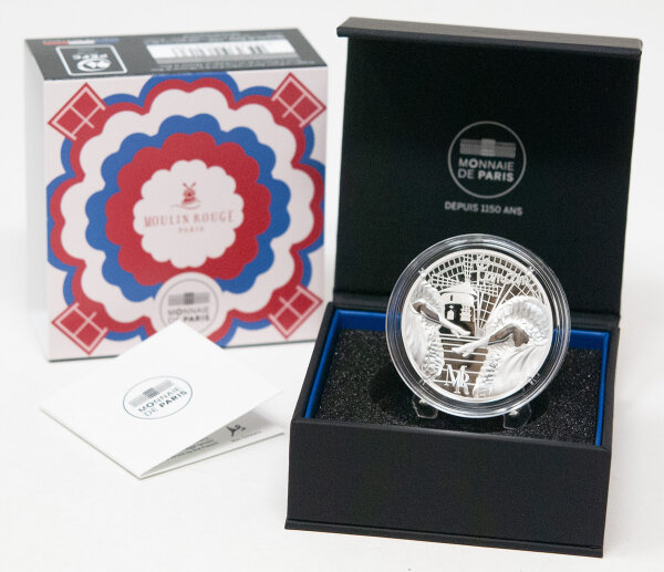 Die Rückseite zeigt filigran gestaltete Cancan-Tänzerinnen in Bewegung vor der stilisierten Windmühle des Moulin Rouge, umgeben von floralen Jugendstil-Elementen.