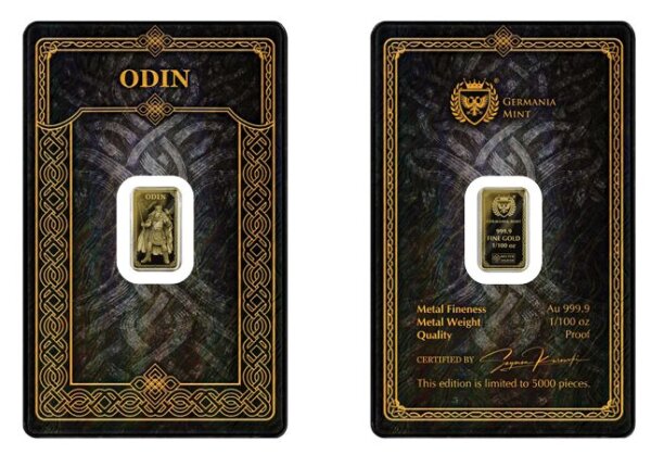 Vorderseite des 1/100 oz Goldbarrens Odin der Germania Mint im Safepack