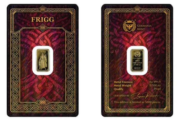 Vorderseite des 1/100 oz Goldbarrens Frigg der Germania Mint im Safepack