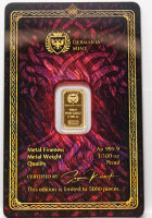 Rückseite des 1/100 oz Goldbarrens Frigg mit...