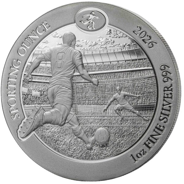 Rückseite der 1 Unze Ruanda Sporting Ounce 2026 Silbermünze mit dem Staatswappen und dem Nennwert 50 Francs.