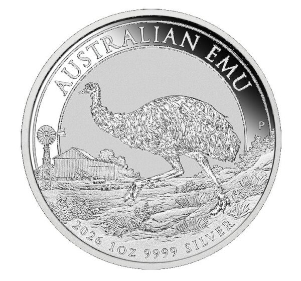 Vorderseite der australischen Emu 2026 Silbermünze mit einem Emu in einer Outback-Landschaft, einem Windrad und einer Farm im Hintergrund.