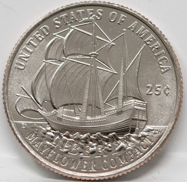 Rückseite: Motiv der Mayflower auf hoher See.
