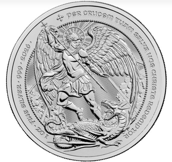 Detaillierte Darstellung des Erzengels Michael mit ausgebreiteten Flügeln, der mit einer Lanze den Drachen besiegt. Umlaufende Inschrift: PER CRUCEM TUAM SALVA NOS CHRISTE REDEMPTOR sowie 1 OZ FINE SILVER 999 2026.
