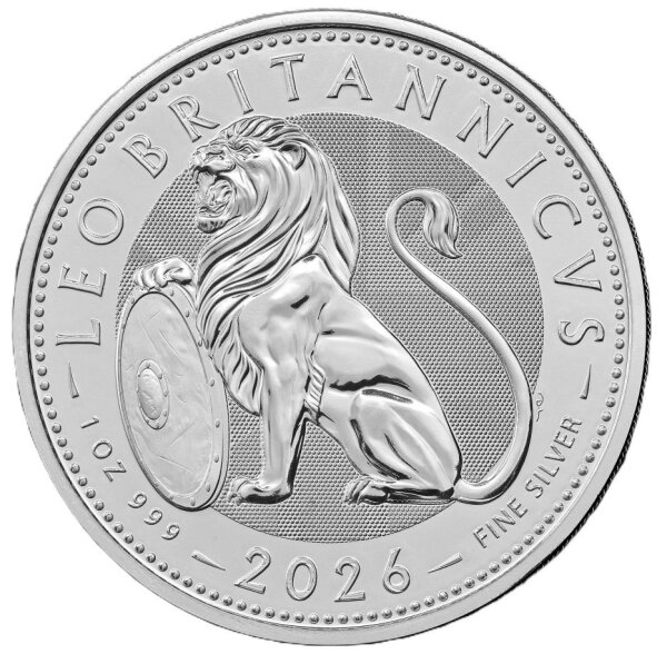 Ein stolzer, brüllender britischer Löwe im Profil nach links, der eine Tatze auf ein verziertes Prunkschild stützt. Der Hintergrund ist mit einem feinen Guilloche-Muster versehen. Am Rand verläuft die Inschrift LEO BRITANNICVS, gefolgt von 1 OZ 999 FINE SILVER und der Jahreszahl 2026.