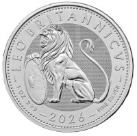 Ein stolzer, brüllender britischer Löwe im Profil nach links, der eine Tatze auf ein verziertes Prunkschild stützt. Der Hintergrund ist mit einem feinen Guilloche-Muster versehen. Am Rand verläuft die Inschrift LEO BRITANNICVS, gefolgt von 1 OZ 999 FINE SILVER und der Jahreszahl 2026.