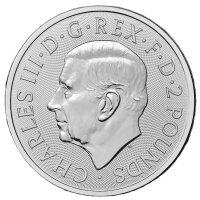 Das nach links gerichtete Porträt von König Charles III. auf einem mikro-gravierten Guilloche-Strukturhintergrund. Die umlaufende Beschriftung lautet CHARLES III • D • G • REX • F • D • 2 POUNDS.