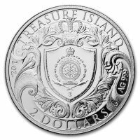 Detaillierte Nahaufnahme der Vorderseite (Wertseite): Das offizielle, hochdetaillierte Staatswappen (Coat of Arms) von Niue im Zentrum, umgeben von eleganten, maritimen Verzierungselementen. Am äußeren Rand befinden sich die feinen Prägungen des Ausgabejahres „2026“, des Nennwertes „TWO DOLLARS“ sowie die Angaben zum Edelmetallgehalt „1 oz 999 SILVER“.