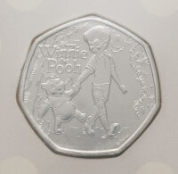 Rückseite der 50 Pence Gedenkmünze 2026 Winnie the Pooh im offiziellen BU-Blister mit dem bezaubernden, exklusiven Charakter-Motiv aus dem Hundertmorgenwald.