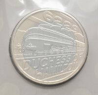 Rückseite der 2 Pfund Gedenkmünze 2026 Großbritannien mit der detailreichen Darstellung der stromlinienförmigen Dampflokomotive Duchess of Hamilton in Fahrt.