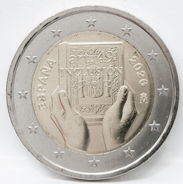 Wertseite der spanischen 2 Euro Münze 2026 mit der standardmäßigen Europakarte und dem Nominalwert von 2 Euro.
