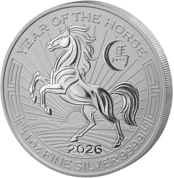 Motivseite der ruandischen 50 Francs Silbermünze 2026 Year of the Horse mit der detailreichen, dynamischen Darstellung eines steigenden Pferdes im edlen Reverse Proof Stil.