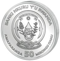 Wertseite der 50 Francs Gedenkmünze 2026 Ruanda mit der exakten Einprägung des offiziellen Staatswappens der National Bank of Rwanda.