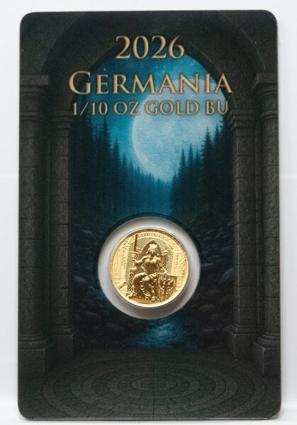 Gesamtpaket der Germania 20 Mark 2026 Goldmünze (1/10 oz.) eingebettet im offiziellen, zertifizierten Safepack mit Fokus auf das detailreiche Thron-Motiv.