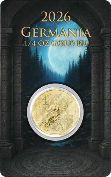 Gesamtpaket der goldenen 30 Mark Münze Germania 2026 (1/4 Unze) im original versiegelten Safepack-Sicherheitsblister mit der Thronansicht der Königin.