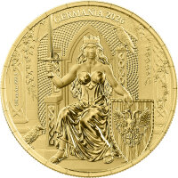 Wertseite der 1/4 Unze Gold Germania 2026 in der Safepack-Verpackung, welche den heraldischen Doppeladler und den Nominalwert von 30 Mark zeigt.