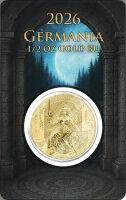 Gesamtpaket der prachtvollen 50 Mark Goldmünze Germania 2026 (1/2 Unze) präsentiert im versiegelten Original-Safepack mit dem herrschaftlichen Königinnen-Motiv.