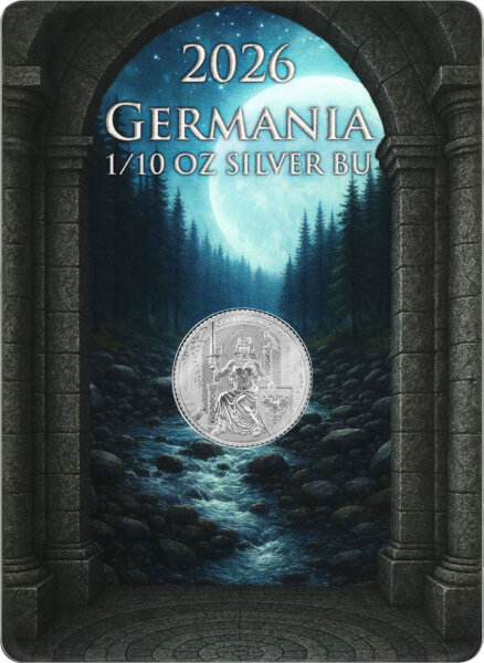 Gesamtpaket der silbernen 1 Mark Münze Germania 2026 (1/10 Unze) eingebettet in der thematisch aufwendig illustrierten originalen Sammler-Coincard.