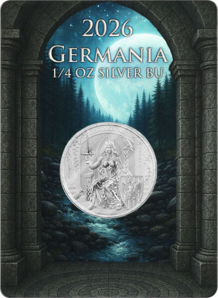 Gesamtpaket der silbernen 2 Mark Münze Germania 2026 (1/4 Unze) präsentiert im offiziellen, wunderschön gestalteten Coincard-Blister mit Fokus auf das Thron-Motiv.