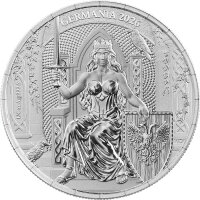 Wertseite der 1/4 Unze Silbermünze Germania 2026 im Coincard-Blister mit der detailstarken Abbildung des zweiköpfigen heraldischen Adlers und der Inschrift 2 Mark.