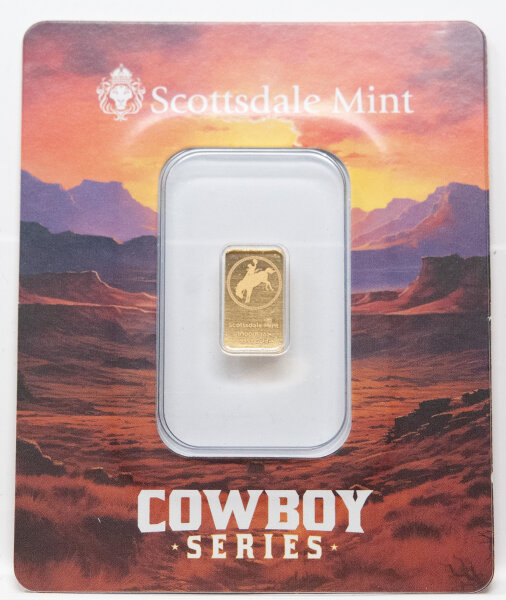 Vorderseite der Scottsdale Mint Certilock-Karte Cowboy Version 2 mit dem prachtvoll geprägten 1/100 Unzen Minigoldbarren.