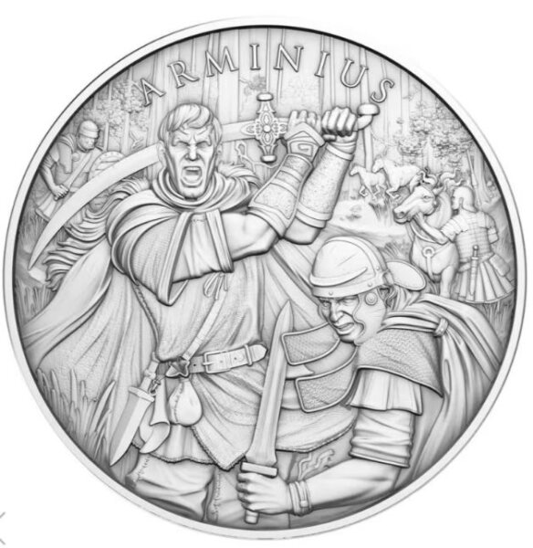 Motivseite der 1 oz Silber Round Legendary Warriors Ausgabe 14 Arminius mit der hochreliefartigen Darstellung des schreienden Feldherrn im antiken Kampf.
