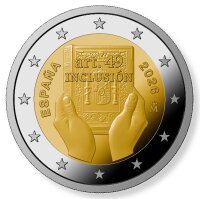 Nationale Motivseite der spanischen 2 Euro Gedenkmünze 2026 Inklusion mit der Darstellung von zwei Händen, die die spanische Verfassung halten.