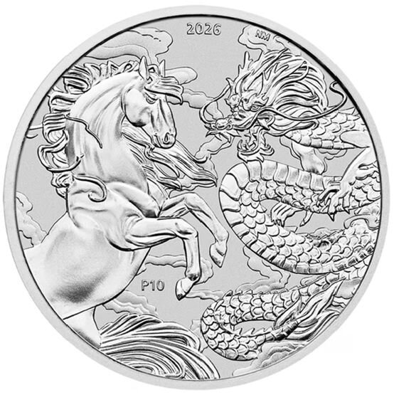Rückseite (Motivseite) der Australien 1 Dollar 2026 Chinese Myths & Legends Dragon & Horse Silbermünze mit detaillierter Darstellung von Pferd und Drache im Relief (000.jpg)
